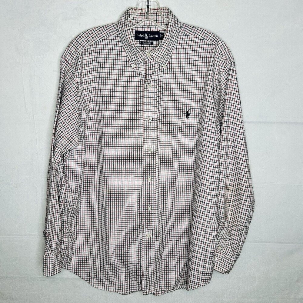 Ralph Lauren Classic Fit Checked Oxford Button Down Sz L White Red Black